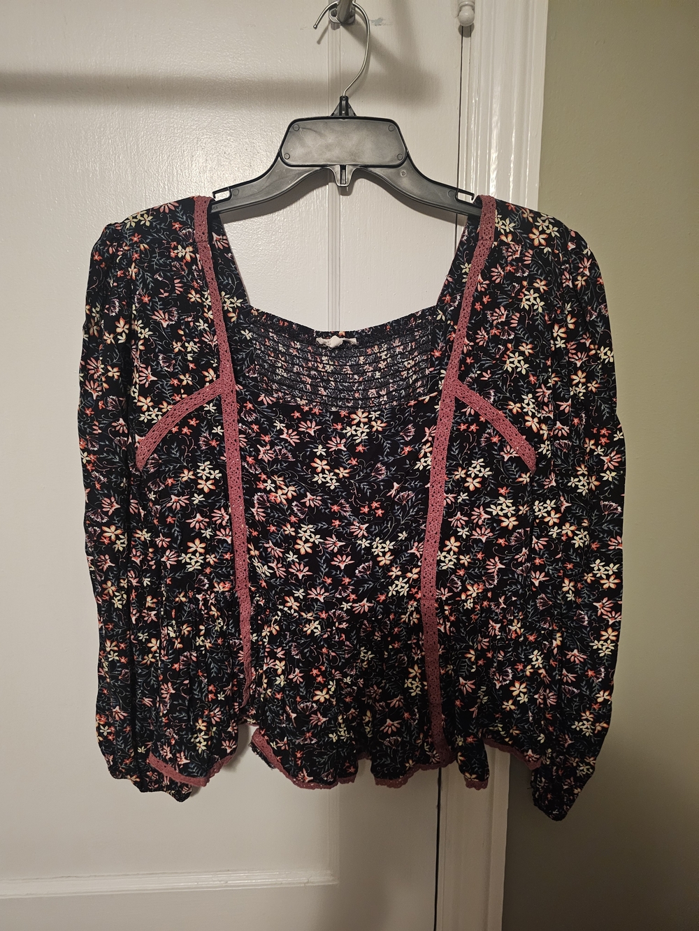 Floral Smocked Black Blouse with Pink Crochet Trim